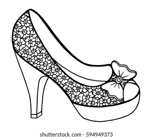 Hand drawn outline ornamental high heel shoe illustration