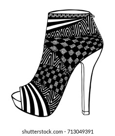 Hand drawn outline ornamental high heel shoe illustration