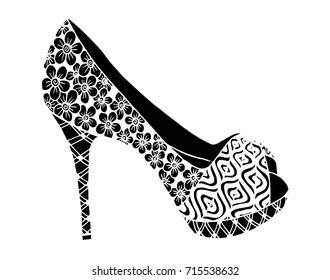 Hand drawn outline ornamental high heel shoe illustration