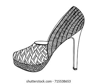 Hand drawn outline ornamental high heel shoe illustration