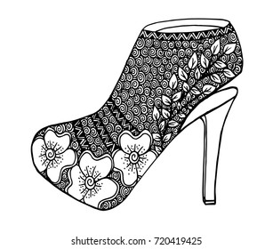 Hand drawn outline ornamental high heel shoe illustration
