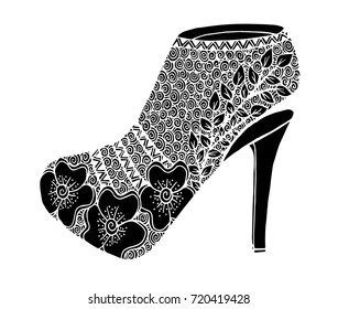 Hand drawn outline ornamental high heel shoe illustration