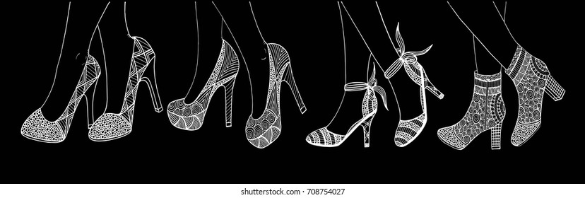 Hand drawn outline ornamental set of high heel shoe illustration