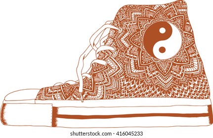 Hand drawn outline ornamental  shoe illustration. 