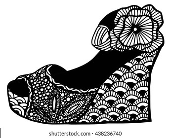 Hand drawn outline ornamental wedge shoe illustration