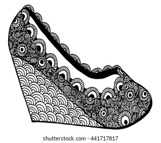 Hand drawn outline ornamental wedge shoe illustration
