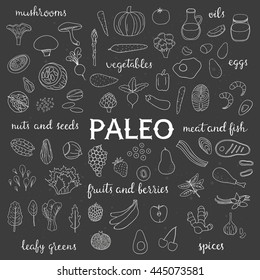 Hand drawn outline paleo diet food on the blackboard. Vegetables, fruits, berries, nuts, seeds, leafy greens, meat, seafood, fish, mushrooms, spices, oils.