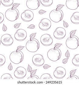Hand drawn outline peach with slice seamless pattern in purple and white