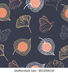 Dibujado a mano de la fruta de Contorno Physalis, mariposa, hojas de ginkgo. Ilustración de patrones sin fisuras del vector. 