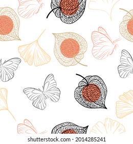 Hand drawn of Outline Physalis fruit, butterfly, ginkgo leaves. Vector seamless pattern illustration