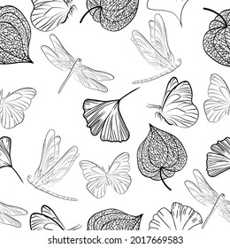 Hand drawn of Outline Physalis fruit, butterfly, dragonfly, ginkgo leaf. Vector seamless pattern illustration