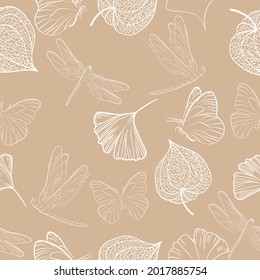 Hand drawn of Outline Physalis fruit, butterfly, dragonfly, ginkgo leaf. Vector seamless pattern illustration