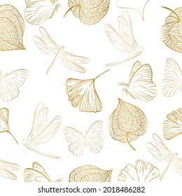 Handgezeichnet von Outline Physalis Frucht, Schmetterling, Libelle, Ginkgo-Blatt. Vektornahtlose Mustergrafik