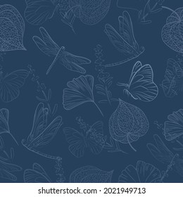 Hand drawn of Outline Physalis fruit, butterfly, dragonfly, ginkgo leaf. Vector seamless pattern illustration