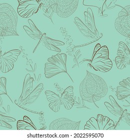 Hand drawn of Outline Physalis fruit, butterfly, dragonfly, ginkgo leaf. Vector seamless pattern illustration