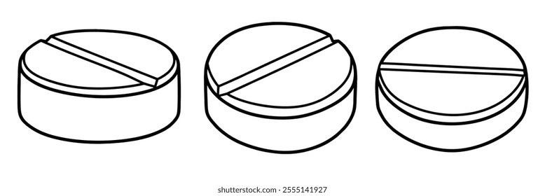 Hand drawn outline pills, tablet, capsule. medical doodle set.