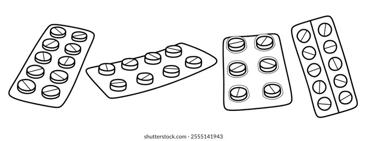 Hand drawn outline pills, tablet, capsule. medical doodle pack set with art line style on isolated white background.