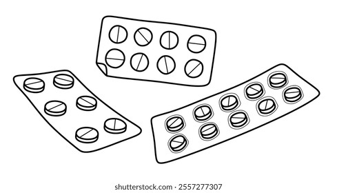 Hand drawn outline pills, tablet, capsule. medical doodle pack set with art line style on isolated white background.