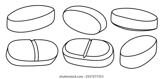 Hand drawn outline pills, tablet, capsule. medical doodle set.