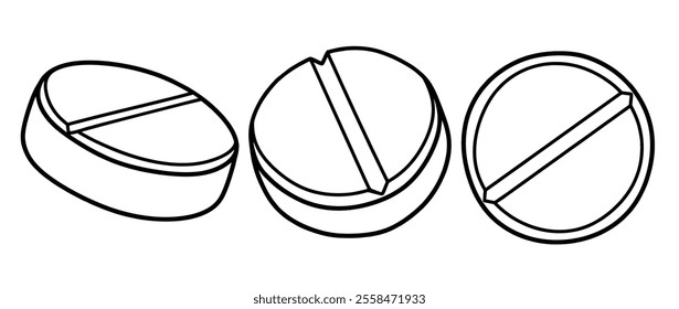 Hand drawn outline pills, tablet, capsule. medical doodle set.