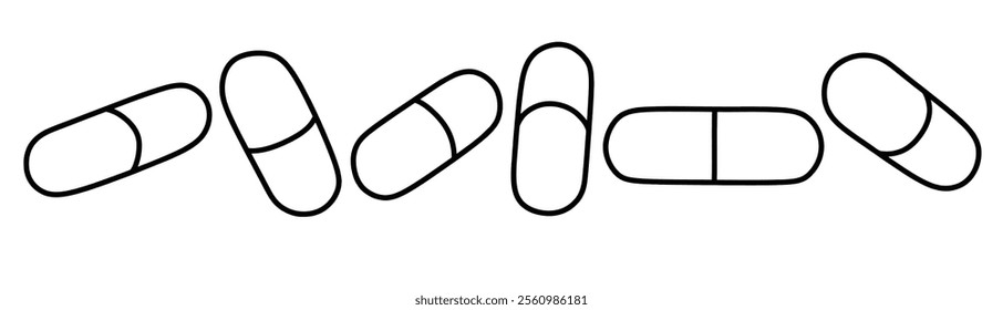 Hand drawn outline pills, tablet, capsule. medical doodle set with art line style on isolated white background.