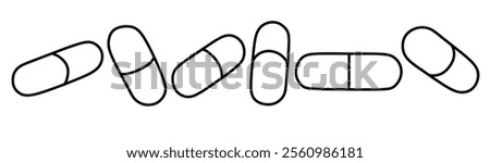 Hand drawn outline pills, tablet, capsule. medical doodle set with art line style on isolated white background.