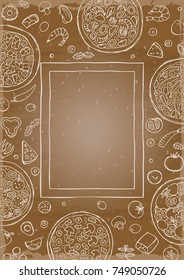 Hand drawn outline pizza mock up on A4 vintage background. Retro template for menu, posters, covers.