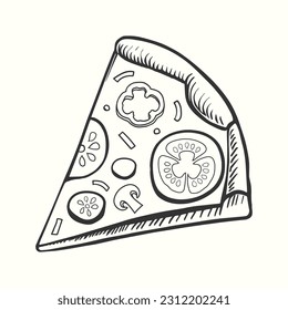 Hand drawn outline pizza slice illustration with tomato and salad on ton in cartton style