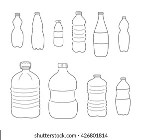 Hand drawn outline plastic bottles isolated on white background.