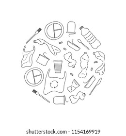 Hand drawn outline plastic trash composed in circle shape.