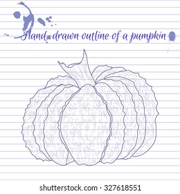 Hand drawn outline of pumpkin on a notebook sheet