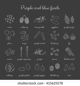 Hand drawn outline purple, blue fruits, berries and vegetables on the blackboard. Raisin, cabbage, blackberry, blueberry, plum, prune, eggplant, fig, blackcurrant, mulberry, asparagus, grape, acai.