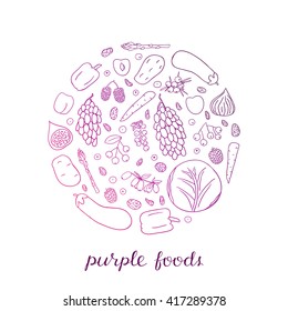 Hand drawn outline purple fruits, berries and vegetables in circle shape. Raisin, cabbage, blackberry, blueberry, plum, prune, eggplant, fig, blackcurrant, mulberry, asparagus, grape, acai.