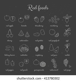Hand drawn outline red fruits, berries and vegetables on the blackboard. Apple, tomato, strawberry, cranberry, beet, cherry, watermelon, potato, grapefruit, goji, raspberry, radish, peach, grape.