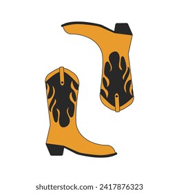 Hand drawn outline of retro cowboy boots with traditional fringe, belt. Vector cowgirl and western style cowboy boots. Funny Wild West shoes with an ornament for a poster, T-shirt print.