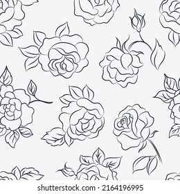 Hand drawn outline roses seamless pattern. Rose garden, romantic flowers print. Decorative nature vector background