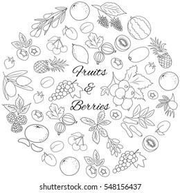 Hand drawn outline round set with berries and fruits isolated.