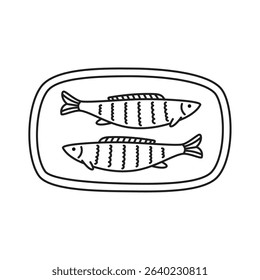 Hand drawn outline sardines fish on the plate. Editable stroke. Doodle drawing for menu design, print, poster, banner. Isolated vector illustration.