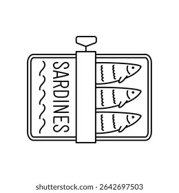 Hand drawn outline sardines fish in a can. Editable stroke. Doodle drawing for menu design, print, poster, banner. Isolated vector illustration.