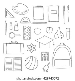 Hand drawn outline school and university icons isolated on white background. Paints, palette, apple, ruler, backpack, ball, pen, notebook, bell, brushes, loupe, protractor, calculator, mortar board.