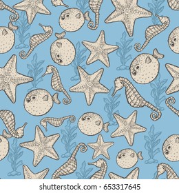 Hand drawn outline seafood illustration. Sketch seamless pattern