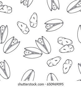 Hand drawn outline seamless pattern with pistachios. Black and white food background. Vector illustration