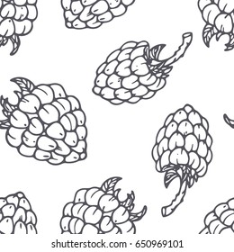 Hand drawn outline seamless pattern with raspberry. Black and white food background. Vector illustration