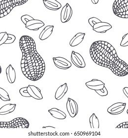 Hand drawn outline seamless pattern with peanuts. Black and white food background. Vector illustration