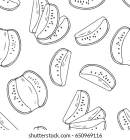 Hand drawn outline seamless pattern with kiwi. Black and white food background. Vector illustration