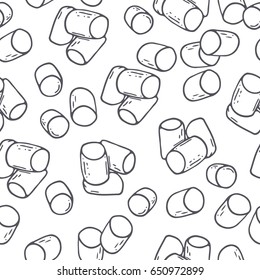 Hand drawn outline seamless pattern with marshmallow. Black and white food background. Vector illustration