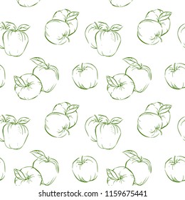 Hand drawn outline seamless vector pattern with green apples, apple slices and leaves