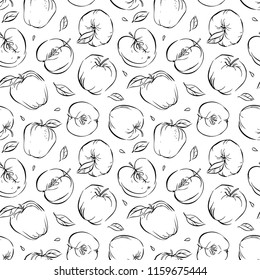 Hand drawn outline seamless vector pattern with apples, apple slices, seeds and leaves