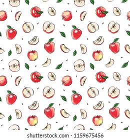 Hand drawn outline seamless vector pattern with red apples, apple slices and leaves