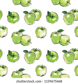 Hand drawn outline seamless vector pattern with green apples, apple slices and leaves